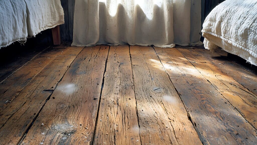 Sunlit wooden floors in a cozy bedroom with white curtains