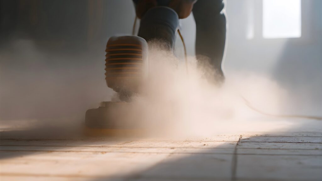 Floor sander in action creating dust on a tiled floor