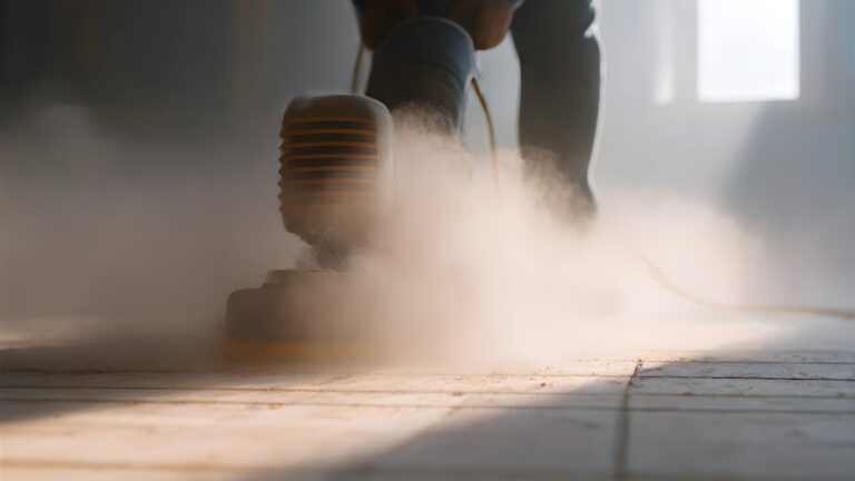 Floor sander in action creating dust on a tiled floor