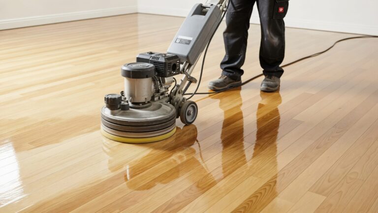A person polishing a wooden floor with a floor buffer machine