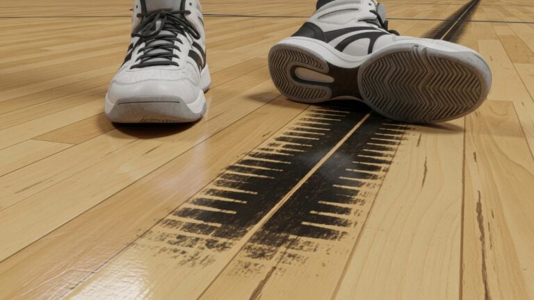 Close-up of sneakers on a basketball court with skid marks