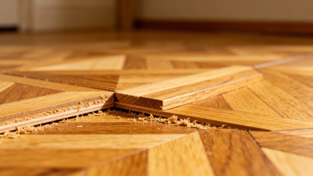Close-up of parquet flooring showing detailed wood texture and craftsmanship