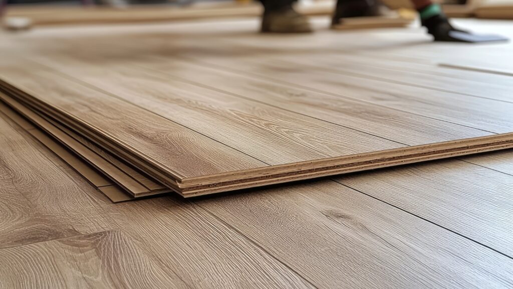 Close-up of wooden flooring panels being installed