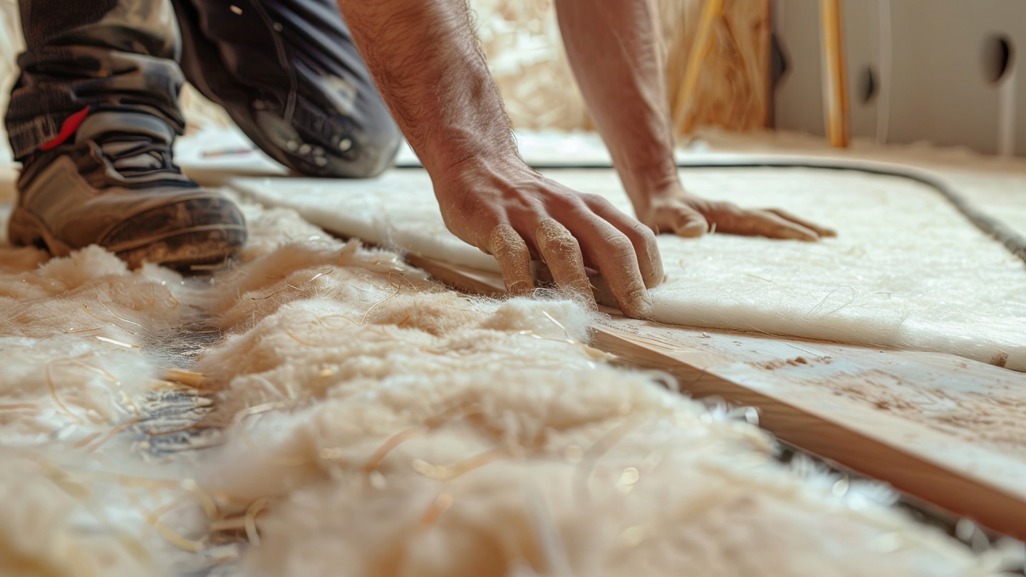 Person installing insulation with hands on fiberglass batt