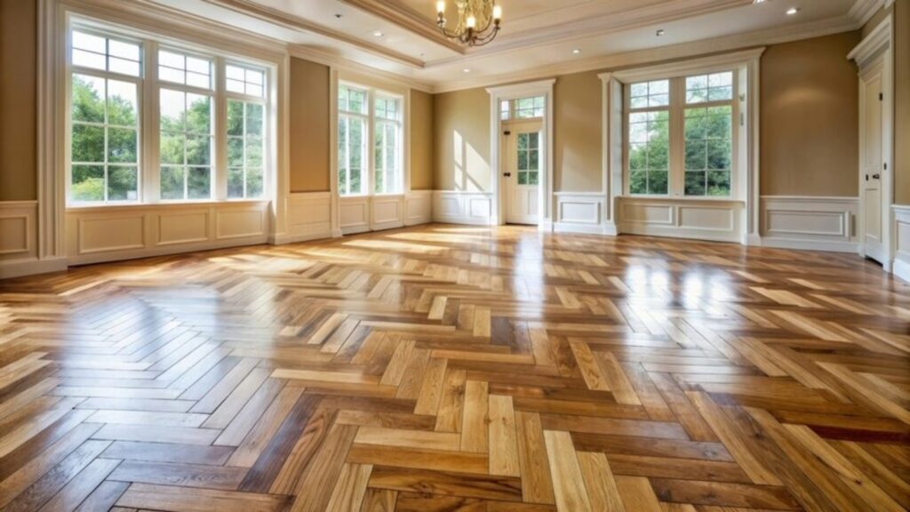 Spacious room with large windows and herringbone wooden flooring