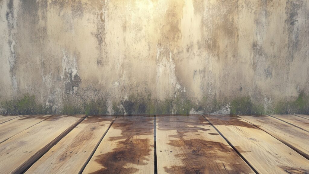 Rustic wooden floor against a textured concrete wall