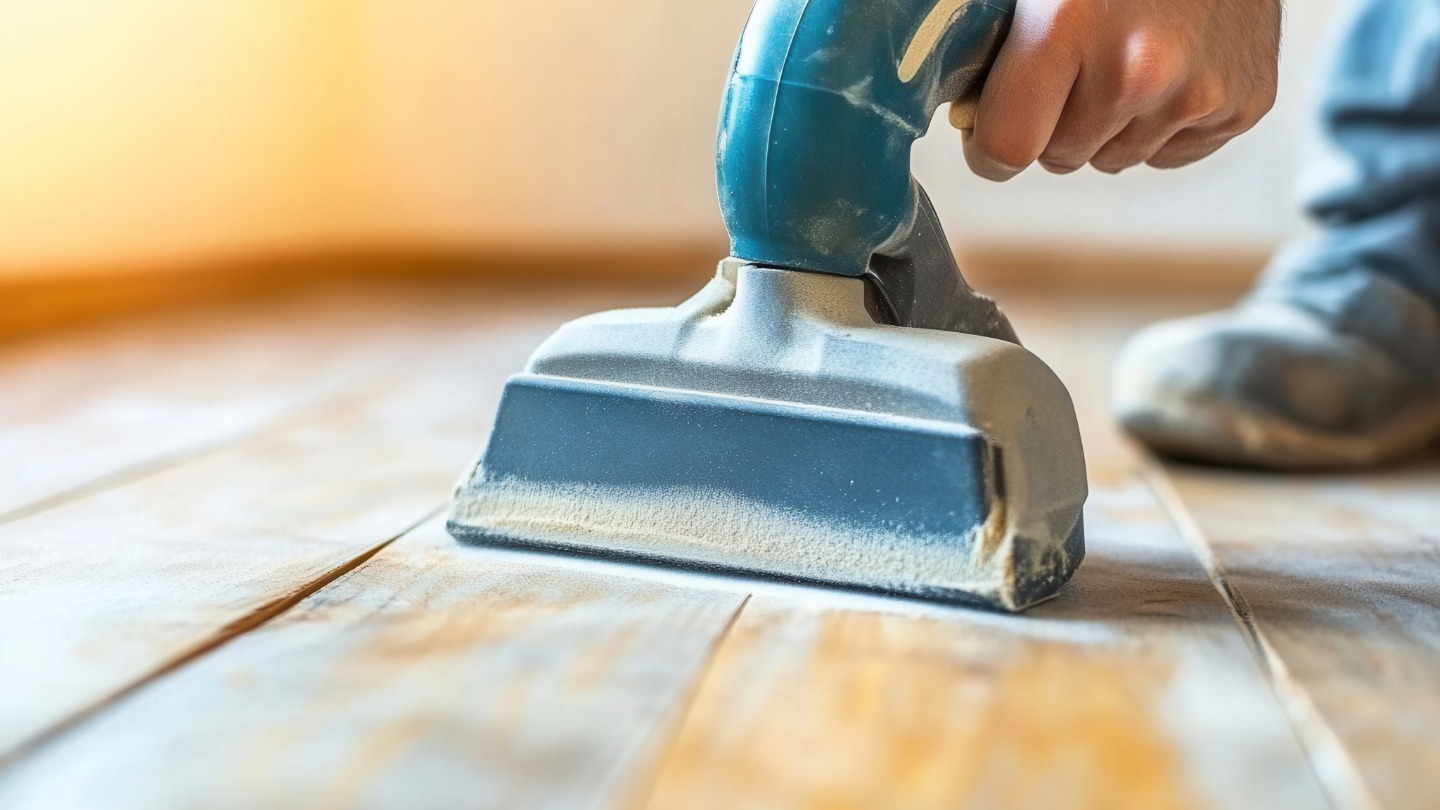 Close-up of a person using a handheld sander on a wooden floor