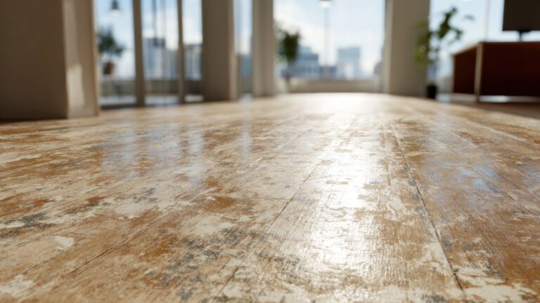 Close-up of a worn wooden floor in a sunlit room with large windows and plants