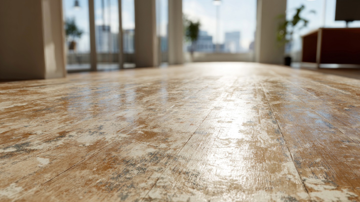 Close-up of a worn wooden floor in a sunlit room with large windows and plants