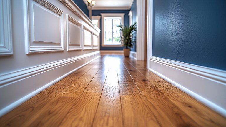 Close-up of a polished wooden floor in a hallway with decorative wall panels and natural light