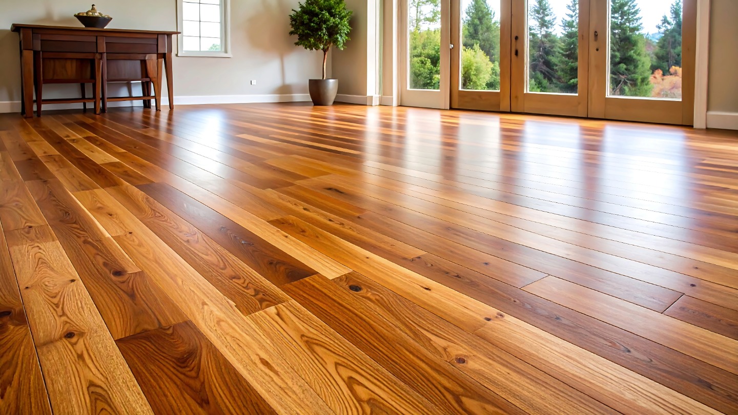 Polished hardwood floor in a sunlit room with large windows and a plant