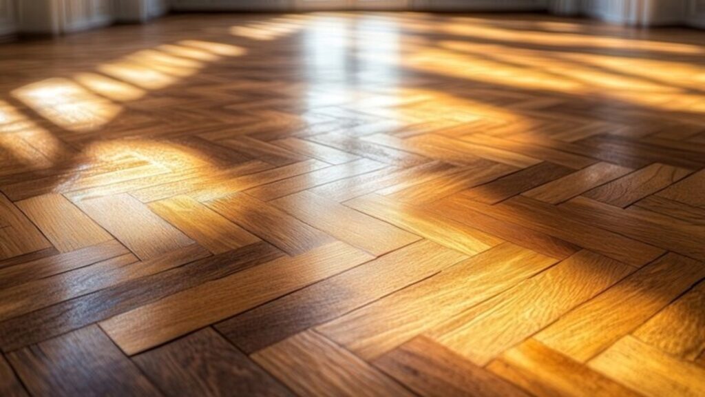 Sunlight casting patterns on a polished wooden parquet floor