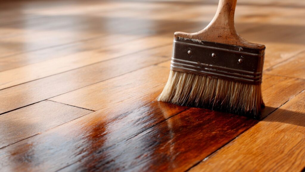 A paintbrush applying varnish to wooden floorboards
