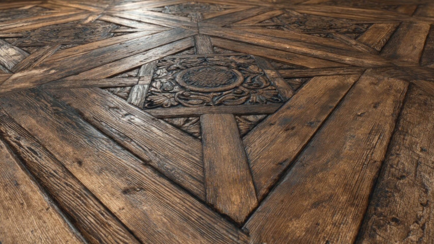 Close-up view of an ornate wooden parquet floor with intricate carvings