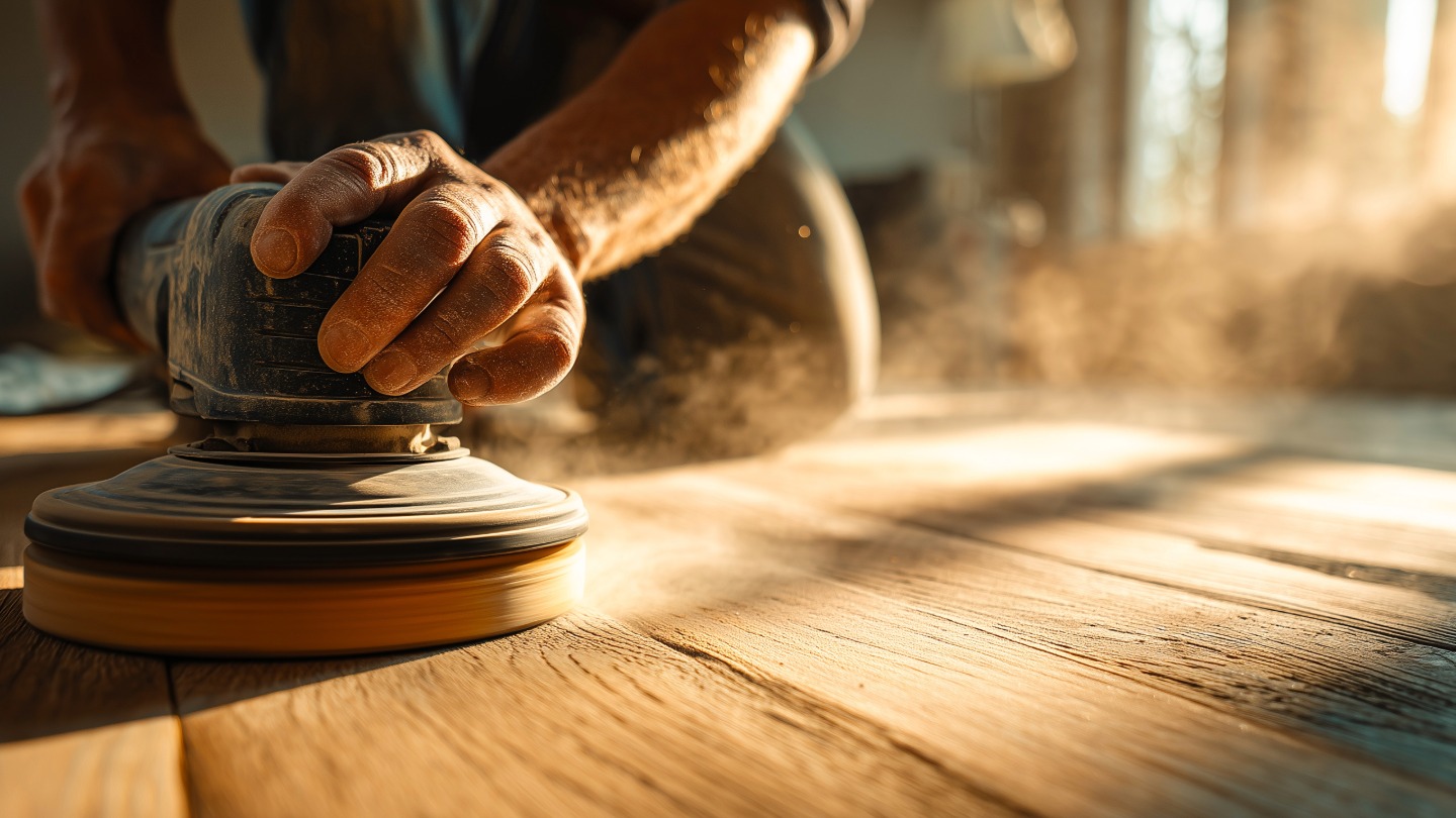 Close-up of a person sanding wooden floorboards with a power sander