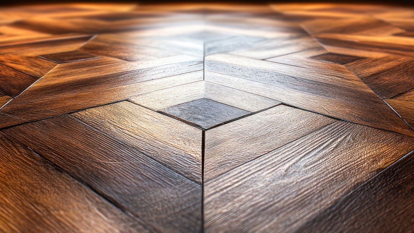 Close-up of a wooden herringbone parquet floor with a polished finish