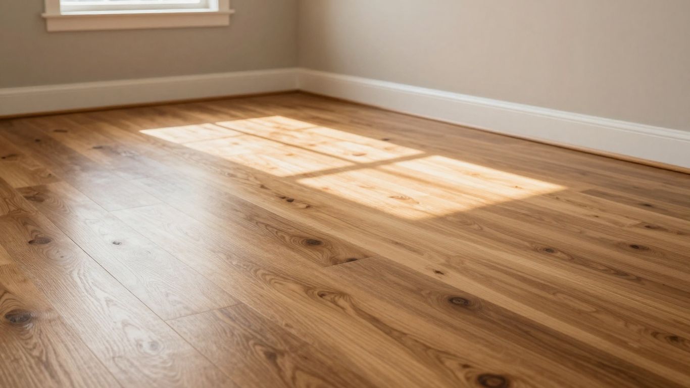 Gleaming hardwood floor in a sunlit living room.