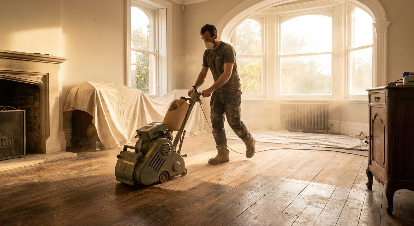Man sanding wooden floor with machine in a bright room with large windows and covered furniture